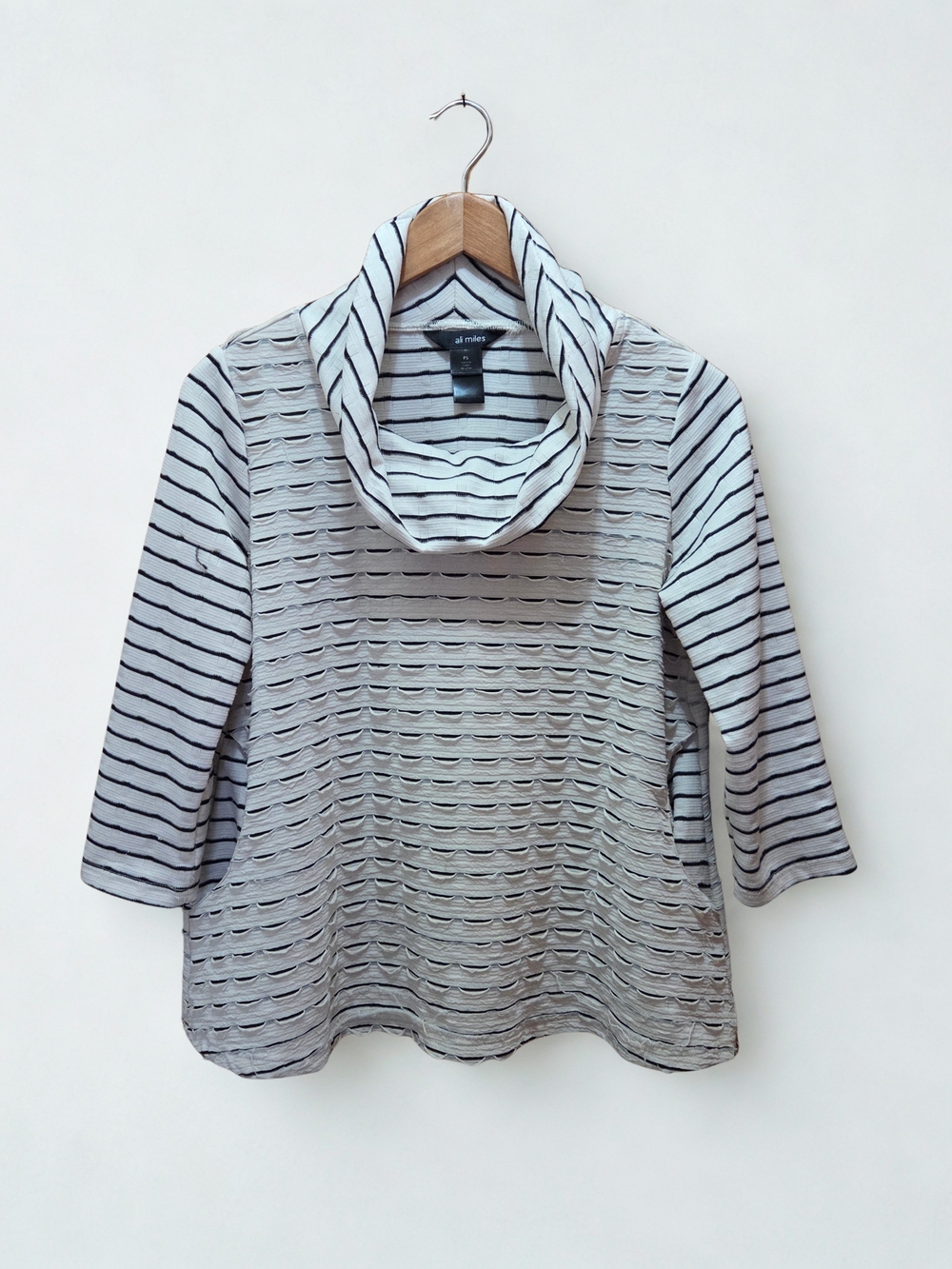 Ali Miles Black and White Striped Cowl Neck A-line Top